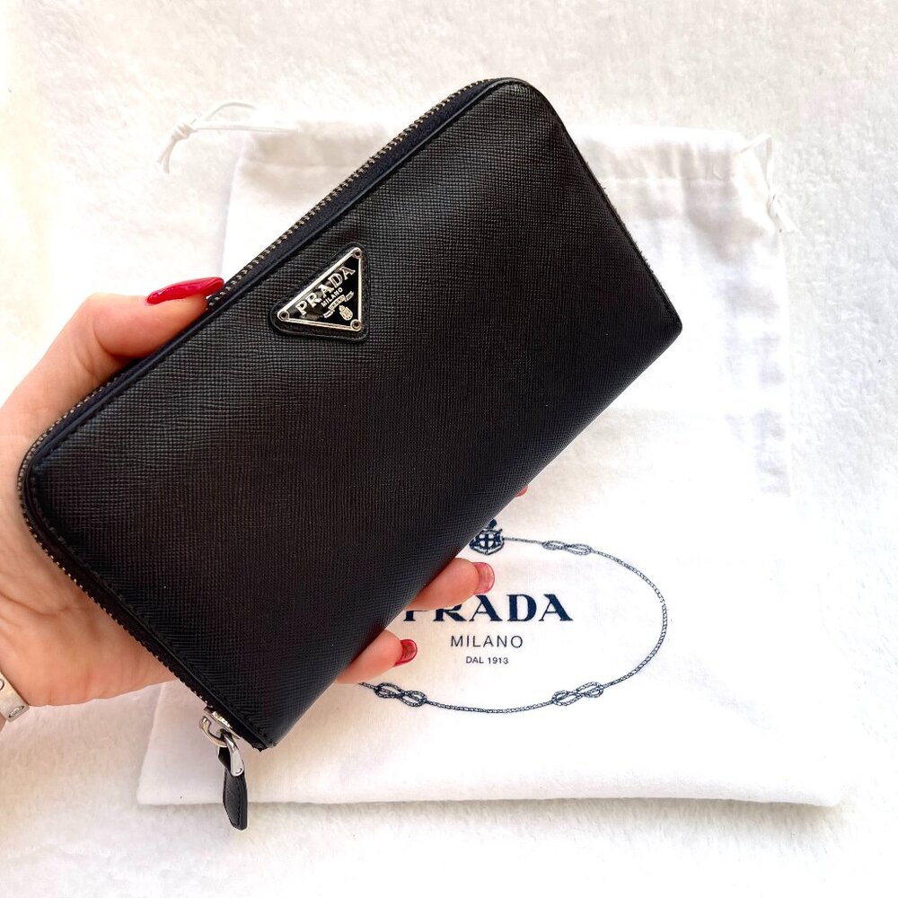 Prada Black Saffiano Leather Zip-Around Wallet